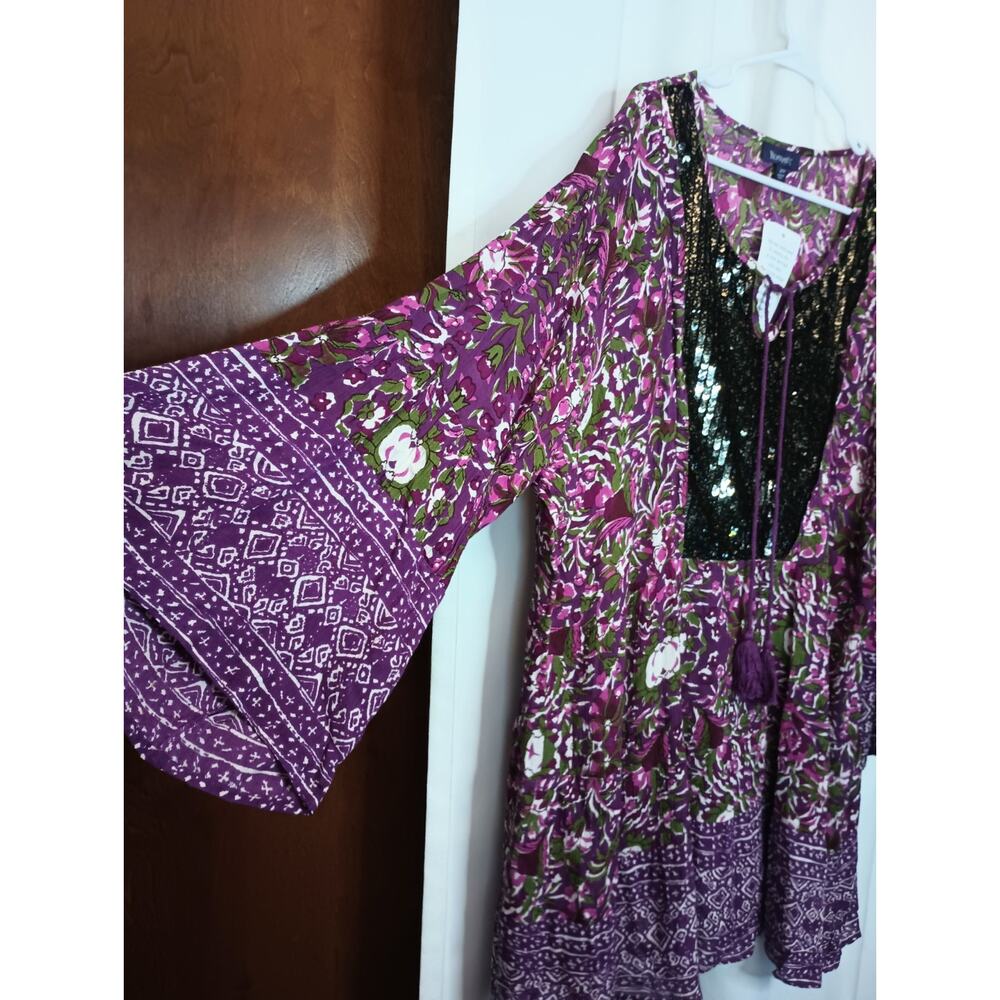 Roamans Womens Bohemian Floral Tunic Top 22W Sequin Flowy Gypsy Island NWT - Picture 2 of 10
